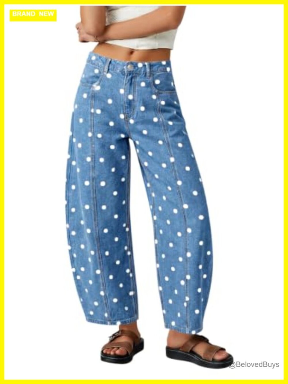 Womens Polka Dot Barrel Jeans High Waisted Wide Leg Denim Pants